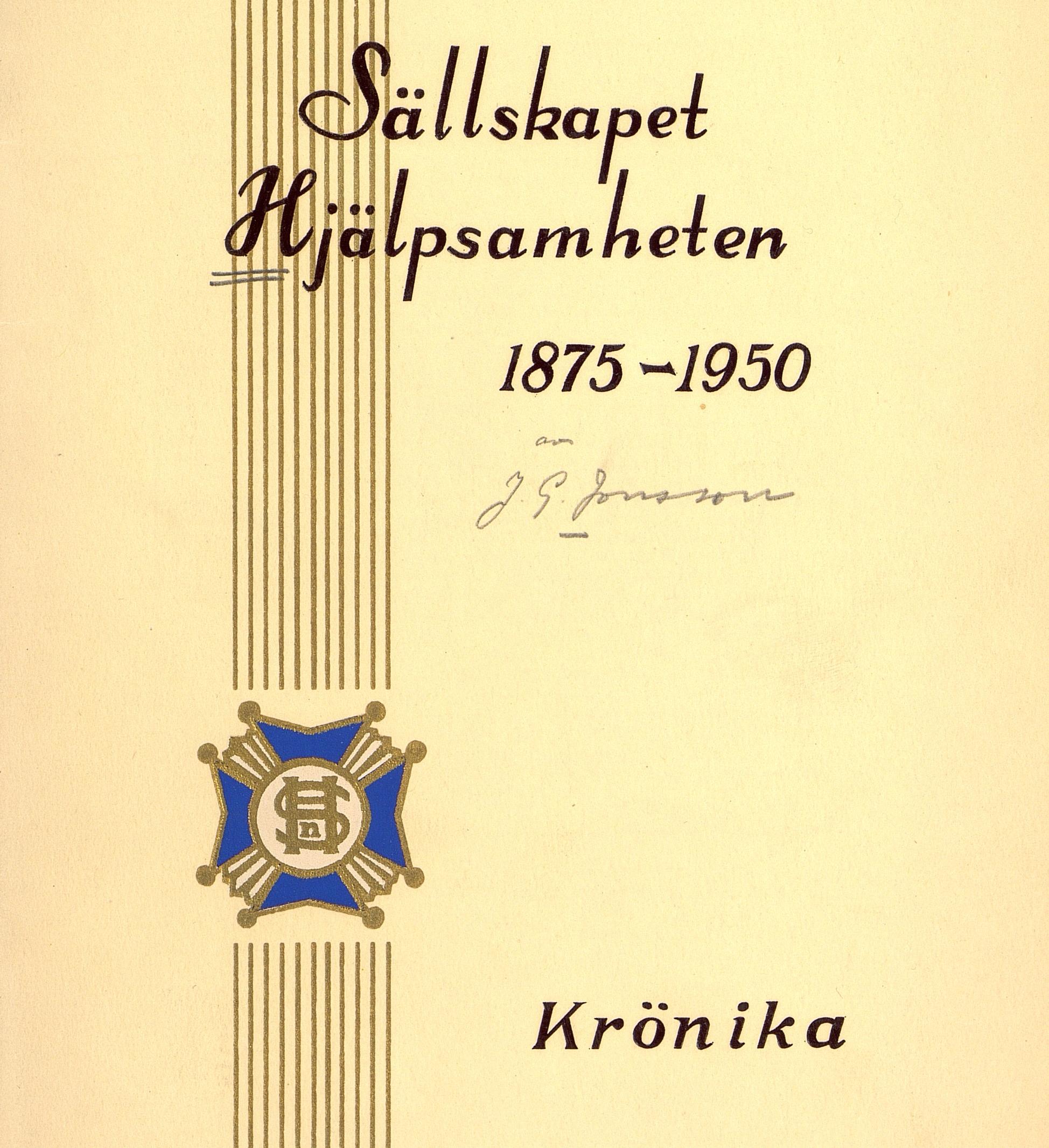 Gult omslag med Sällskapet Hjälpsamhetens åttakantiga emblem i blått, vitt och guld nere till vänster.