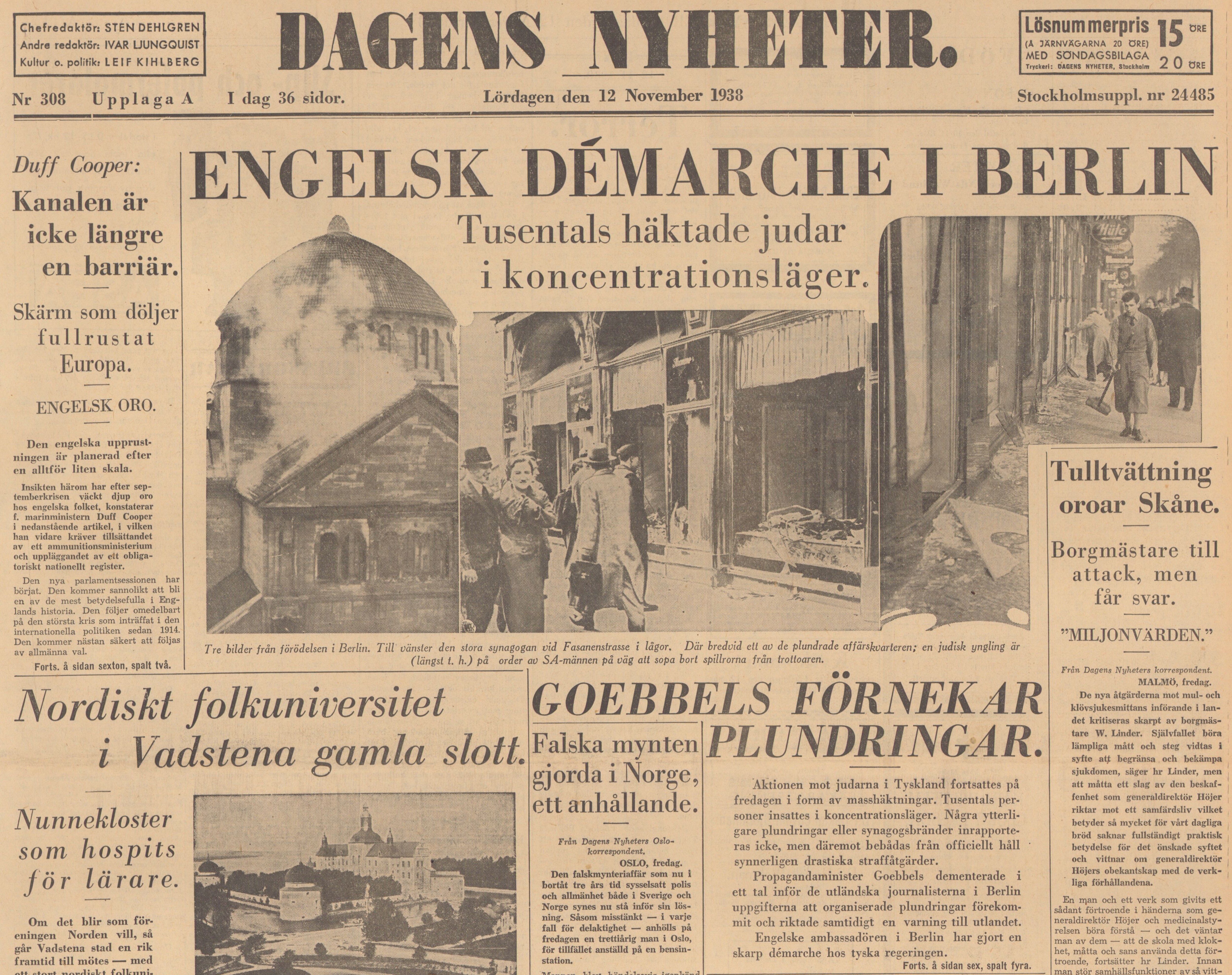 Gulnat tidningsklipp. Text: Tusentals häktade judar i koncentrationsläger.