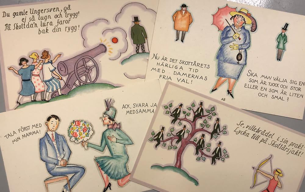 Fyra humoristiska motiv föreställande kvinnor som jagar män att gifta sig med.