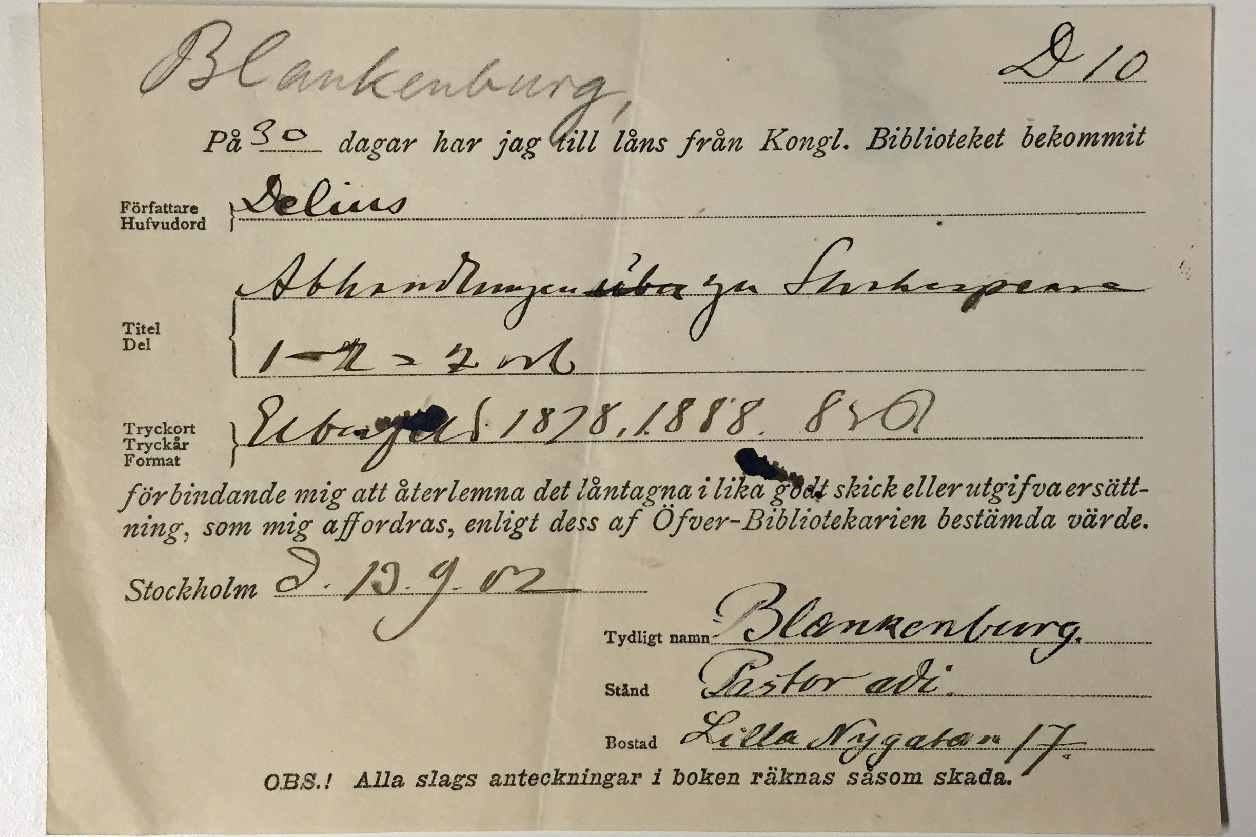 Lånebeställning från 1902. Foto: KB