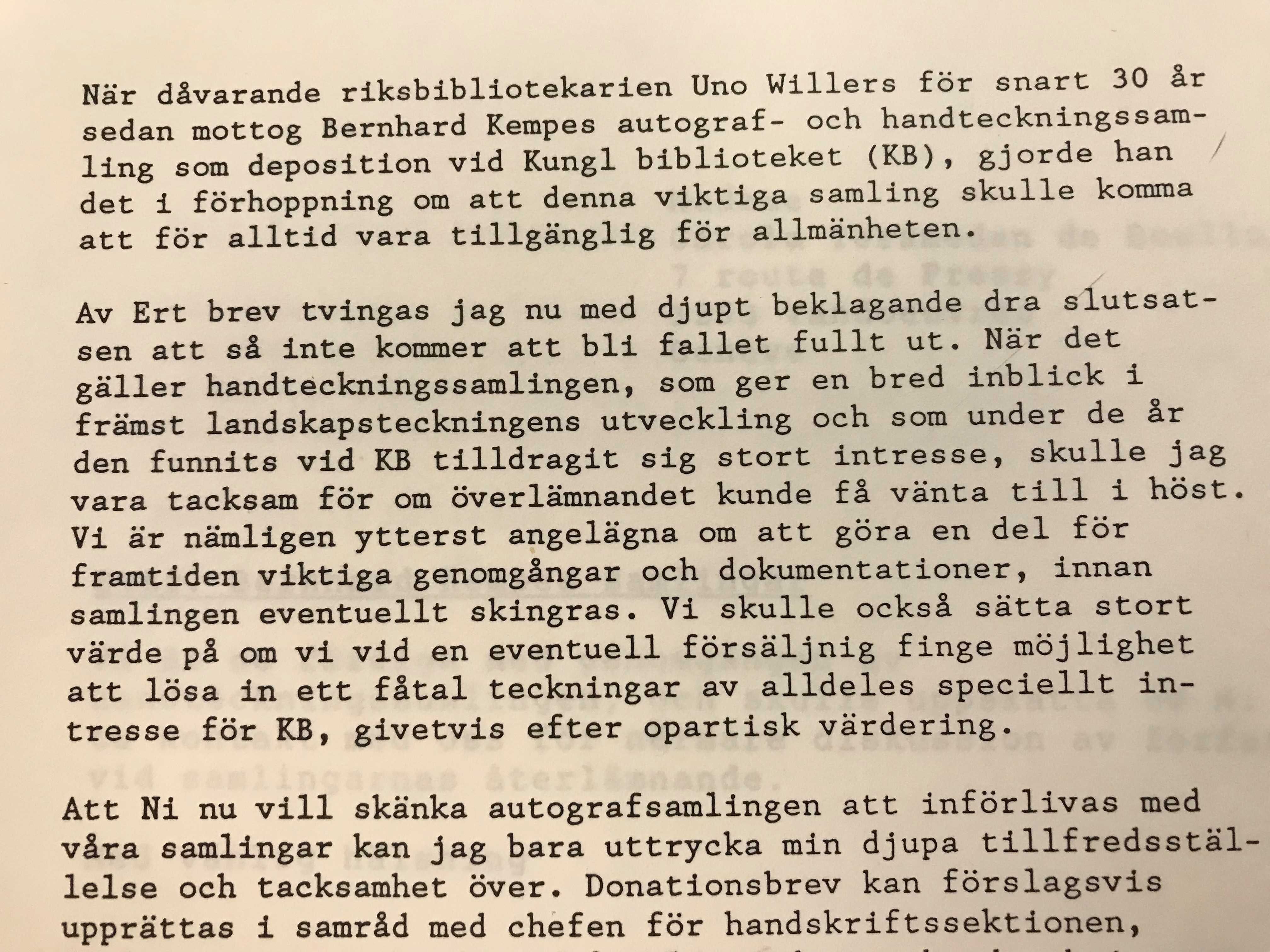 Ett utdrag ur ett maskinskrivet brev mellan KB och en donator