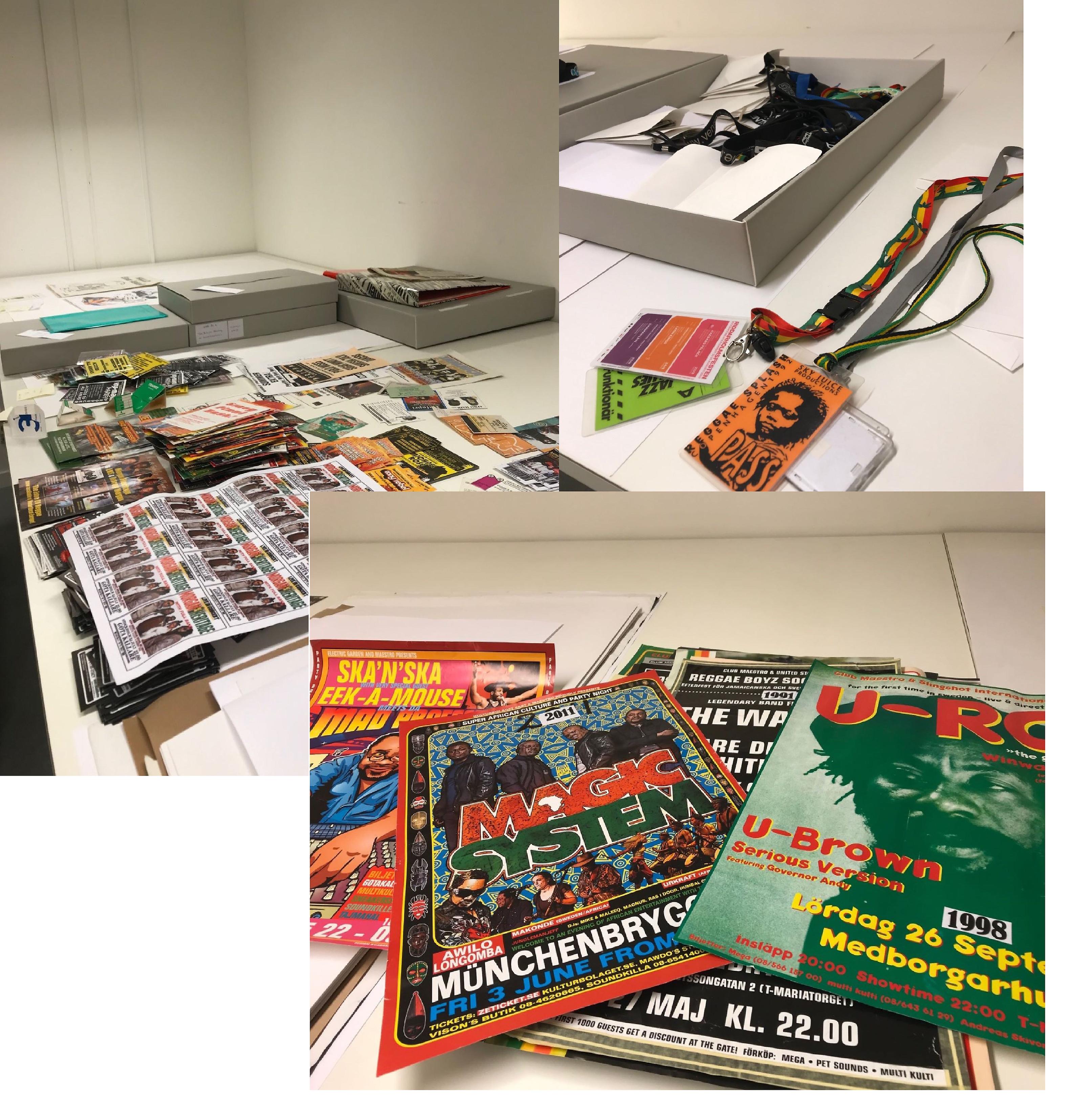 Collage med affischer, flyers och backstagepass ur Tim Badejos samling