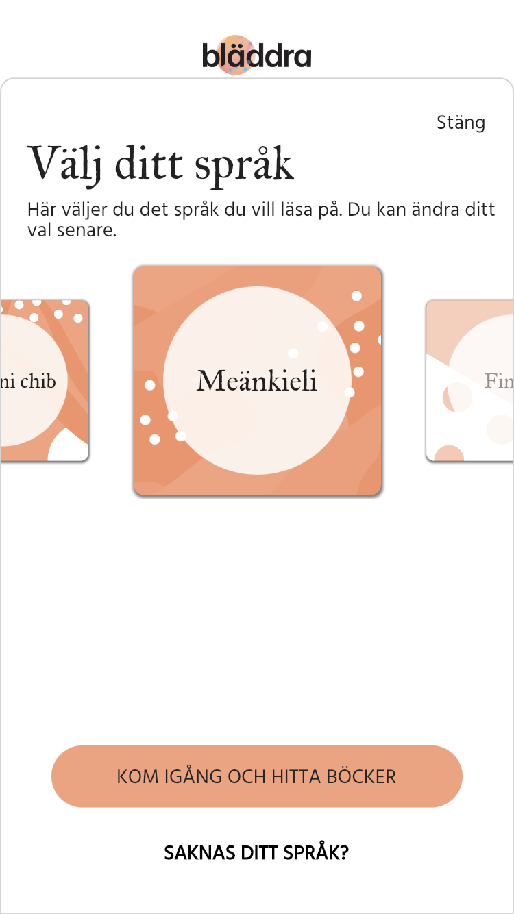 Texten "Meänkieli" på en orange platta i Bläddras språkväljare.