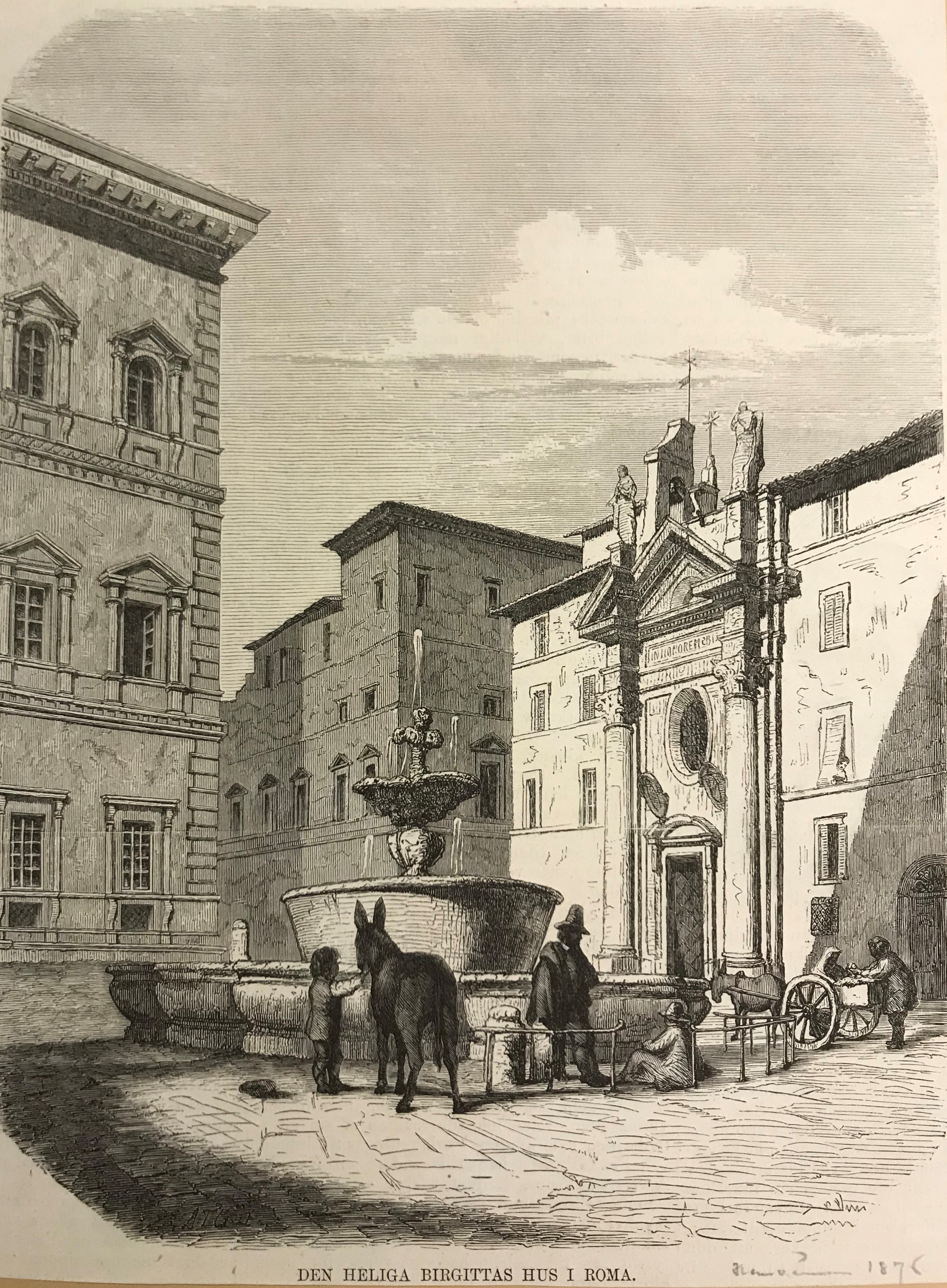 Tryckt bild av ett länga hus vid ett torg med en fontän.