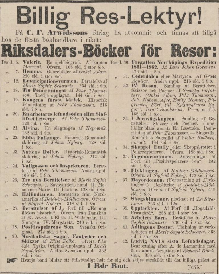Tryckt dagstidningsannons bestående av två spalter med boktitlar och rubriken "Billig Res-Lektyr!"