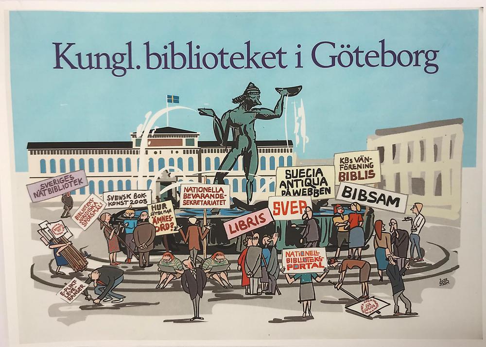 Färgbild av Götaplatsen i Göteborg. KB ligger bakom Posedion, i fontänen håller människor i plakat som hänvisar till KB:s aktiviteter på Bokmässan 2004.