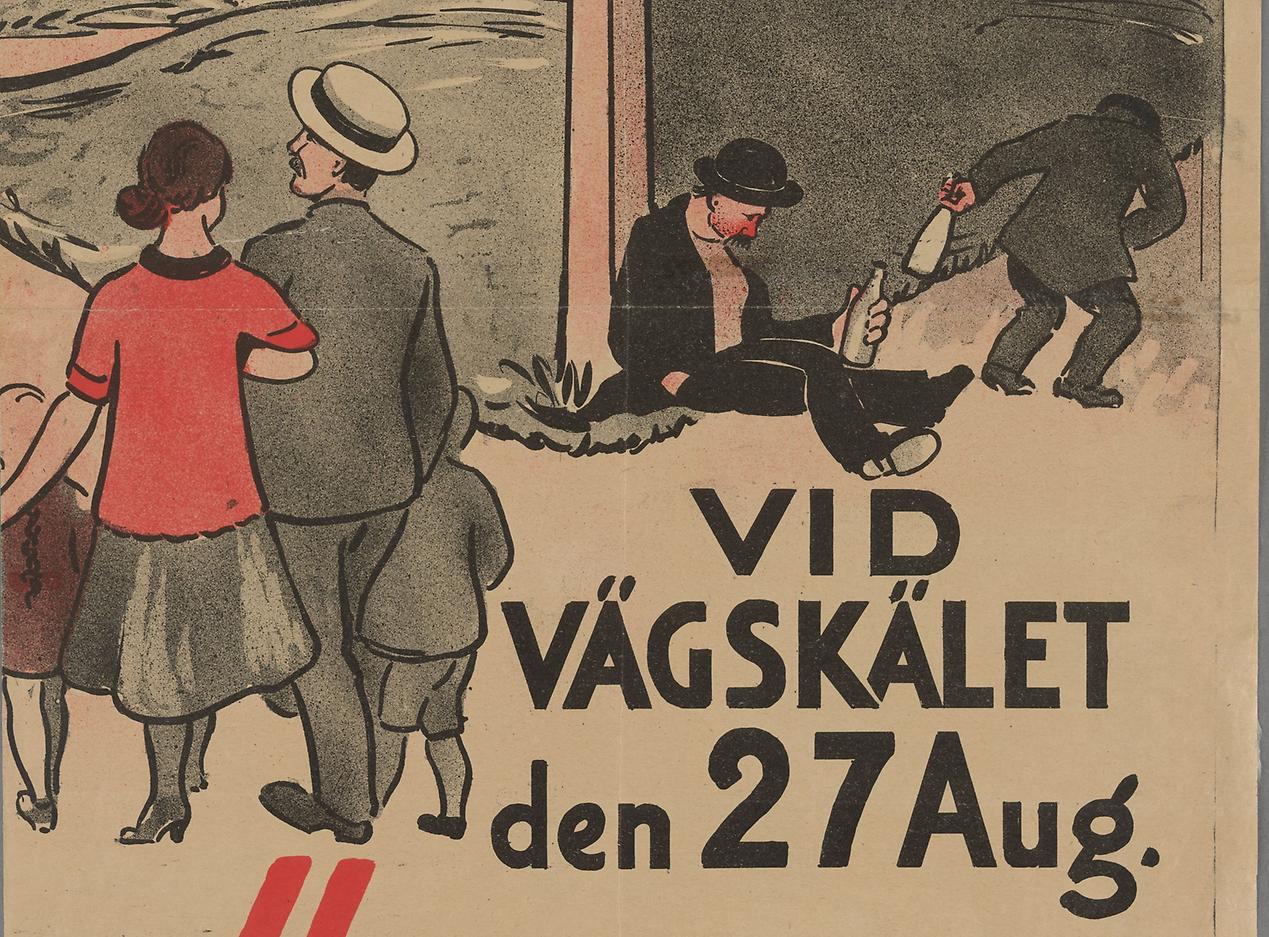 Del av affisch inför rusdrycksomröstningen. Ett par med barn på promenad och två berusade män med flaskor