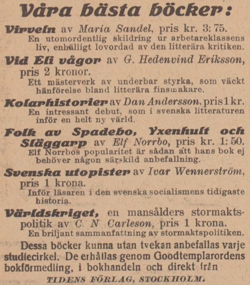 Gulnat tidningsklipp. Text: Våra bästa böcker.