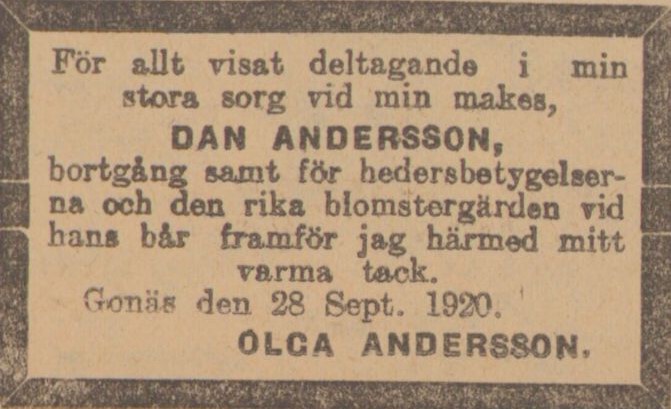 Gulnat tidningsklipp. Text: För allt visat deltagande i min stora sorg vid min makes, Dan Andersson.