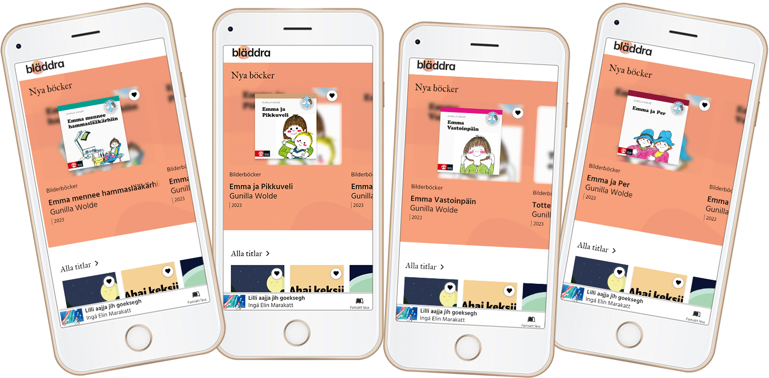 Fyra mobilskärmar med innehåll från läsappen Bläddra.