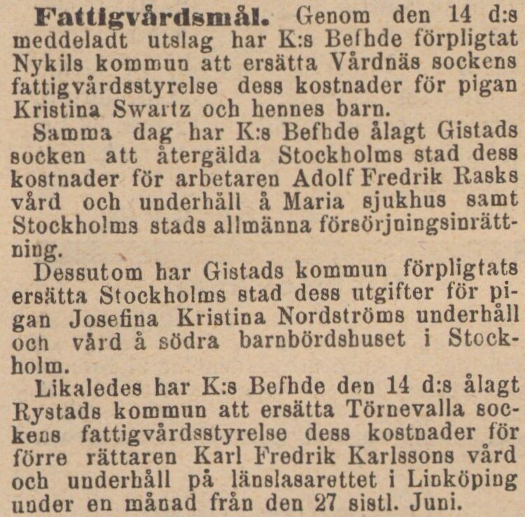Gulnad tidningssida. Text: Fattigvårdsmål.