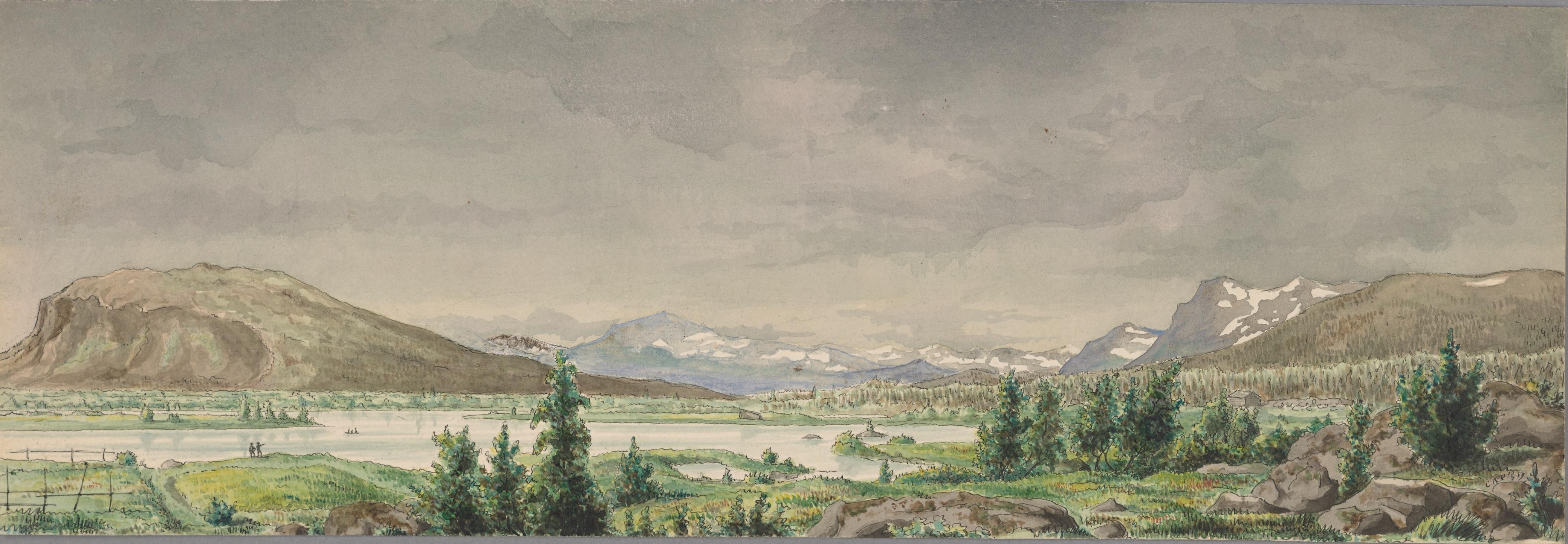 Vidsträckt landskap med fjäll och trädtoppar.