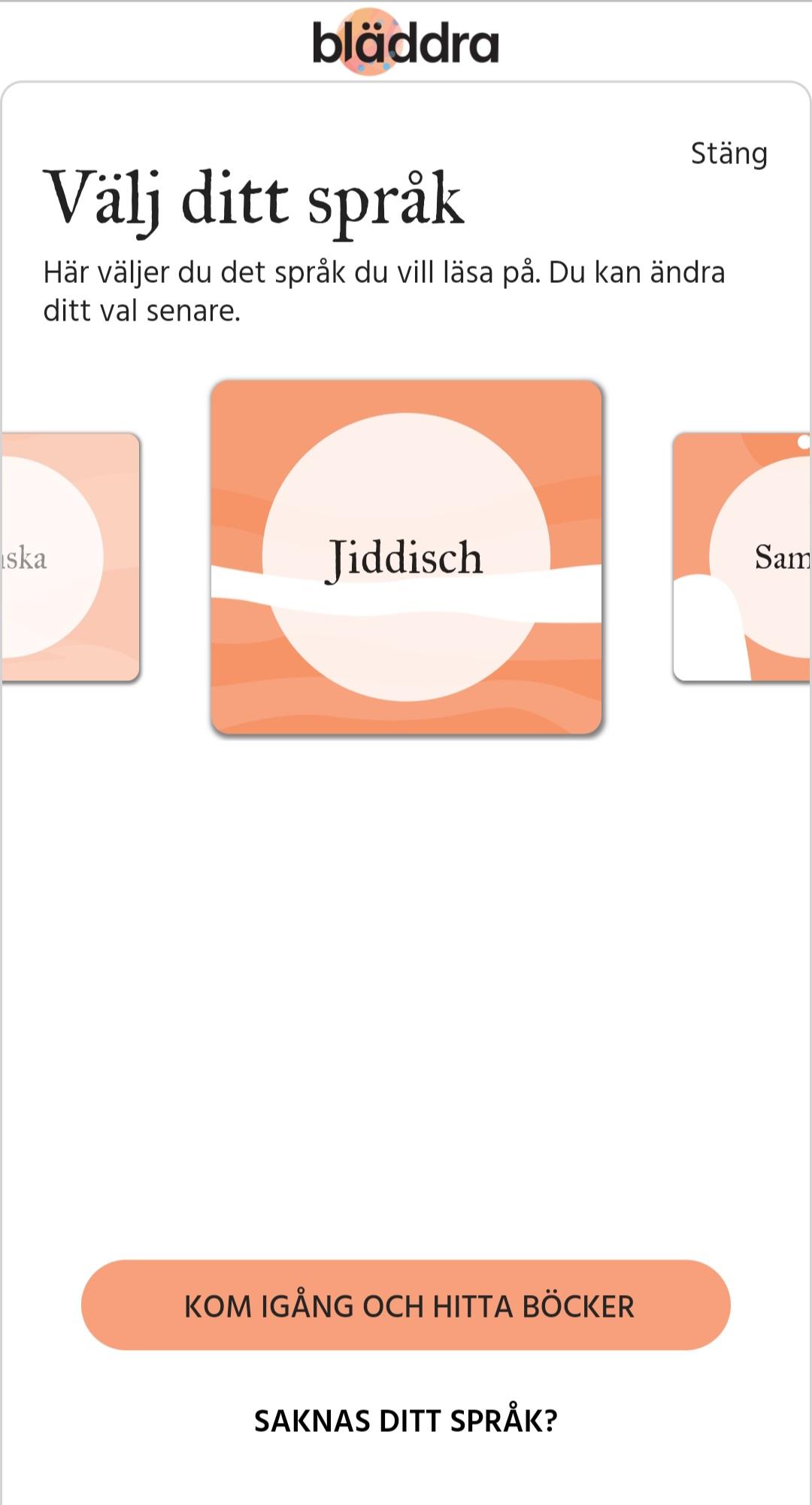 Vy från appen Bläddra där jiddisch syns som valt språk.