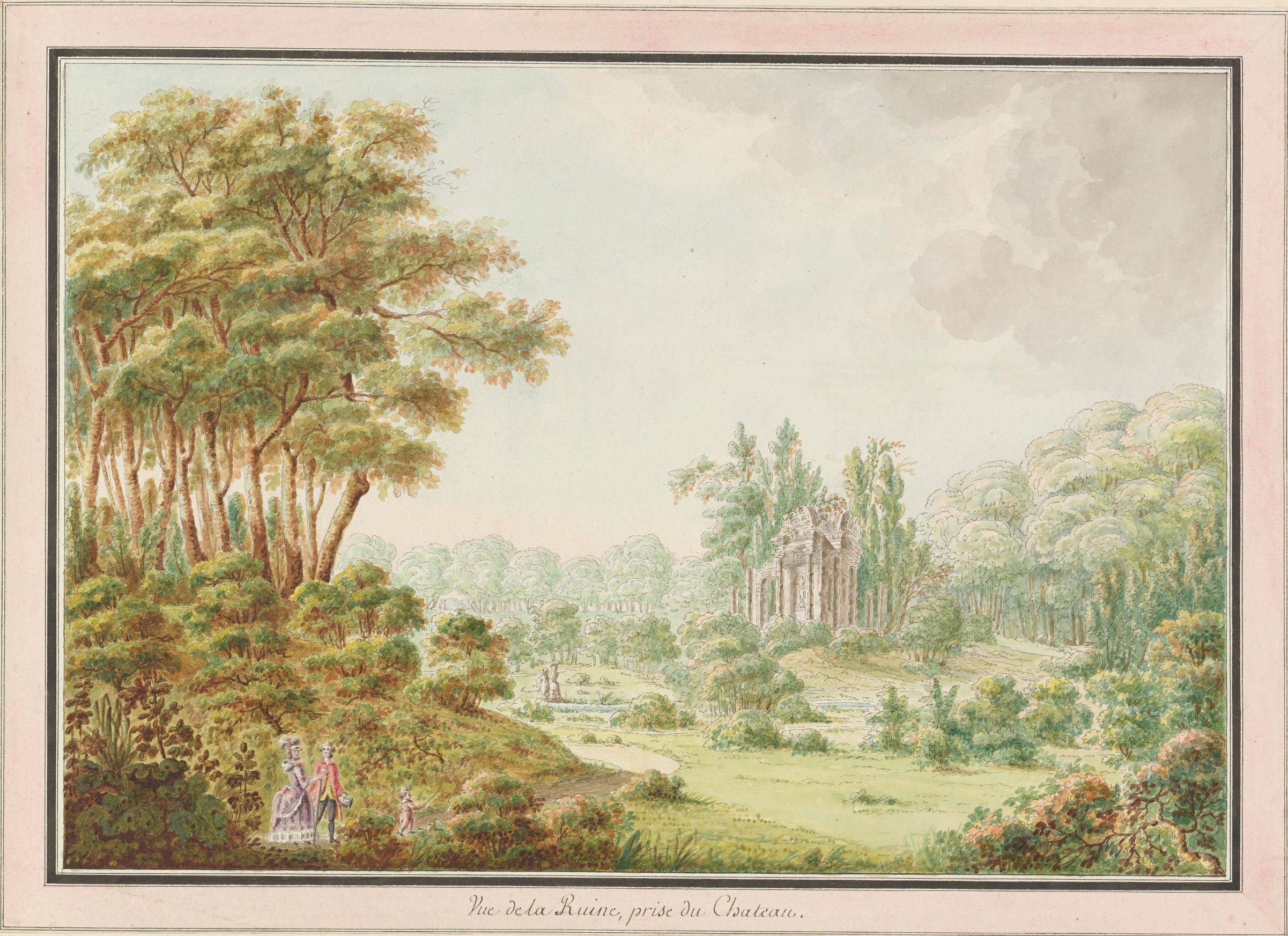 Målad bild som föerställer en stor park med höga träd och en stor ruin i sten. I förgrunden promenerar ett par i 1700-talskläder och peruker tillsammans med ett litet barn.