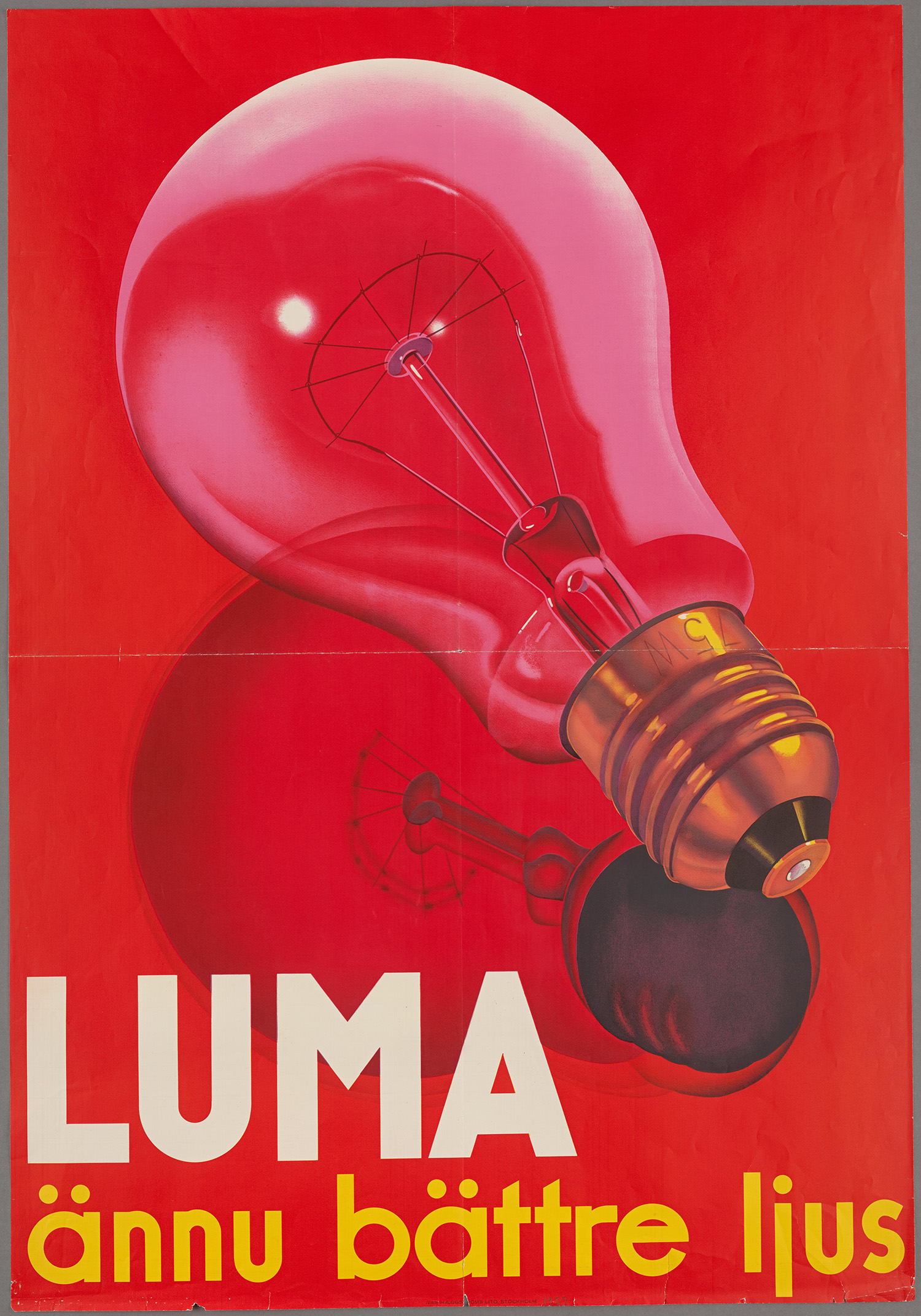 Röd affisch med glödlampa från Luma.