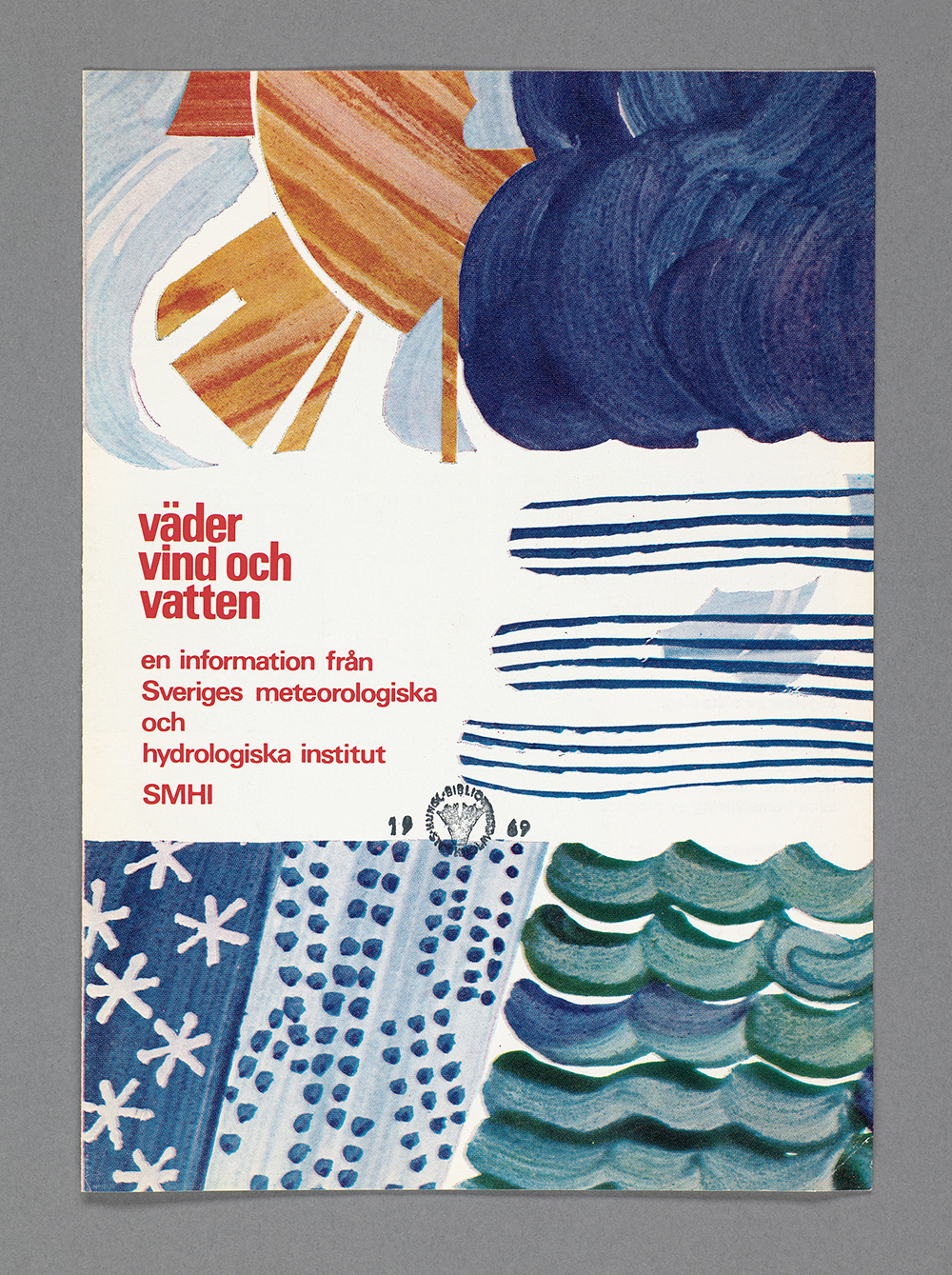 Bokomslag med målat väder: regn, hagel, snö och solsken till titeln: Väder, vind och vatten. Information från Sveriges meteorologiska och hydrologiska institut.