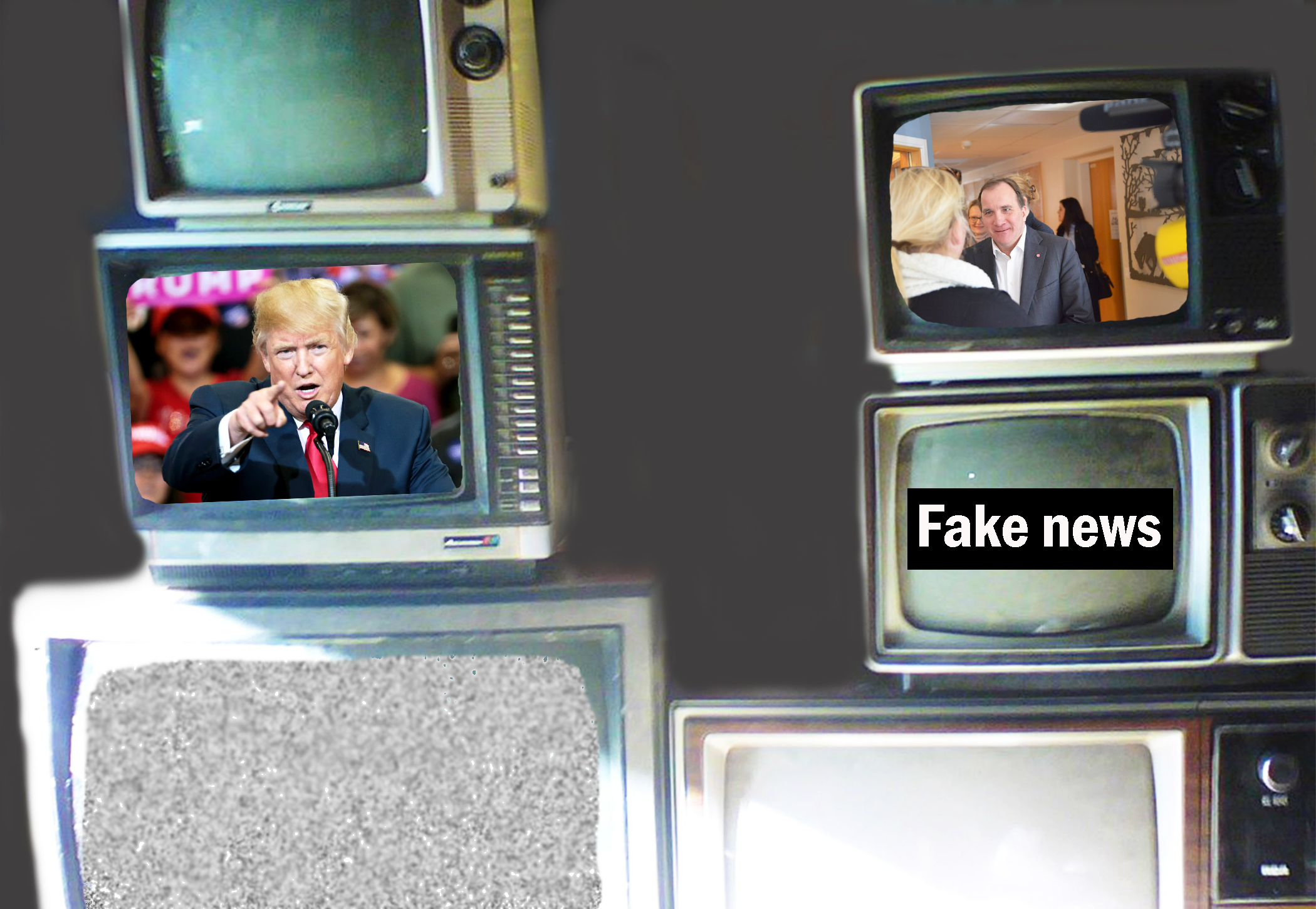 Kollage av sex tv-apparater med inklippta bilder av Donald Trump, Stefan Löfven, myrornas krig och en textrad med orden Fake news.