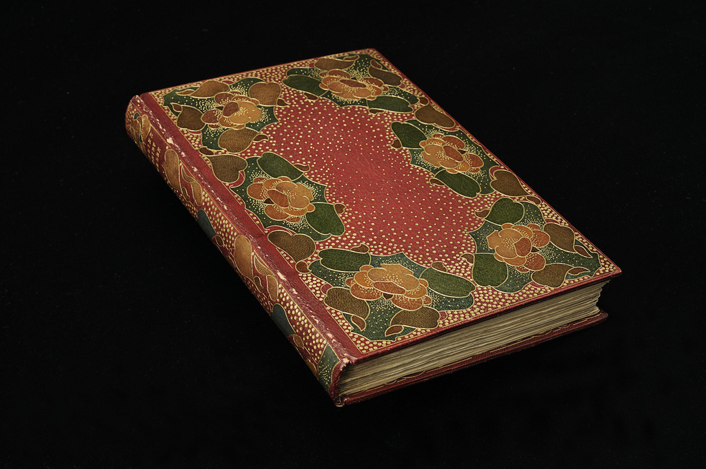 Rött skinnband med mosaik i andra färger samt guldförgyllning.