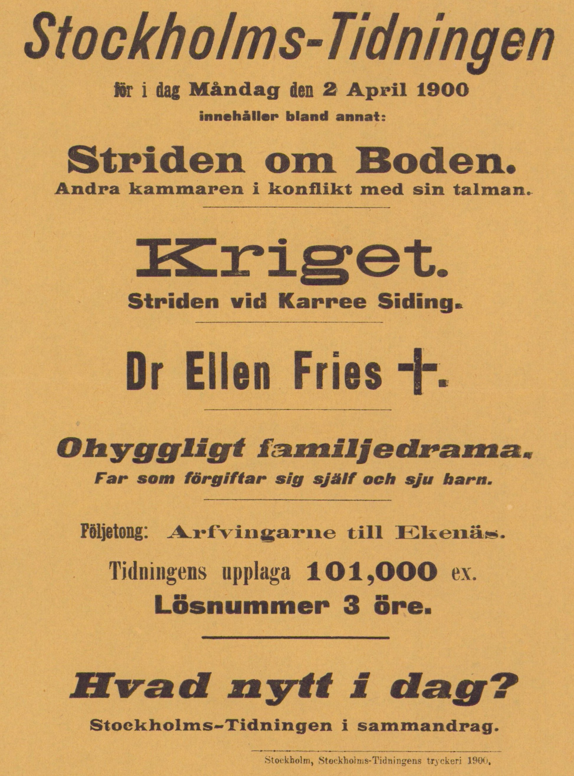 Gul löpsedel med svart text. Text: Ohyggligt familjedrama