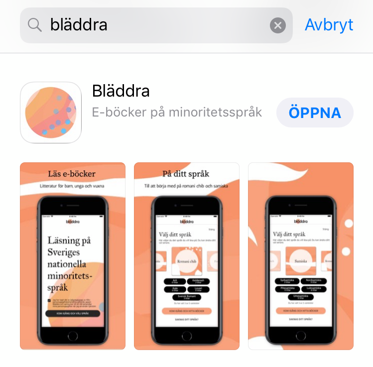 En appbutik där det i sökfältet står Bläddra och en app som heter Bläddra syns.