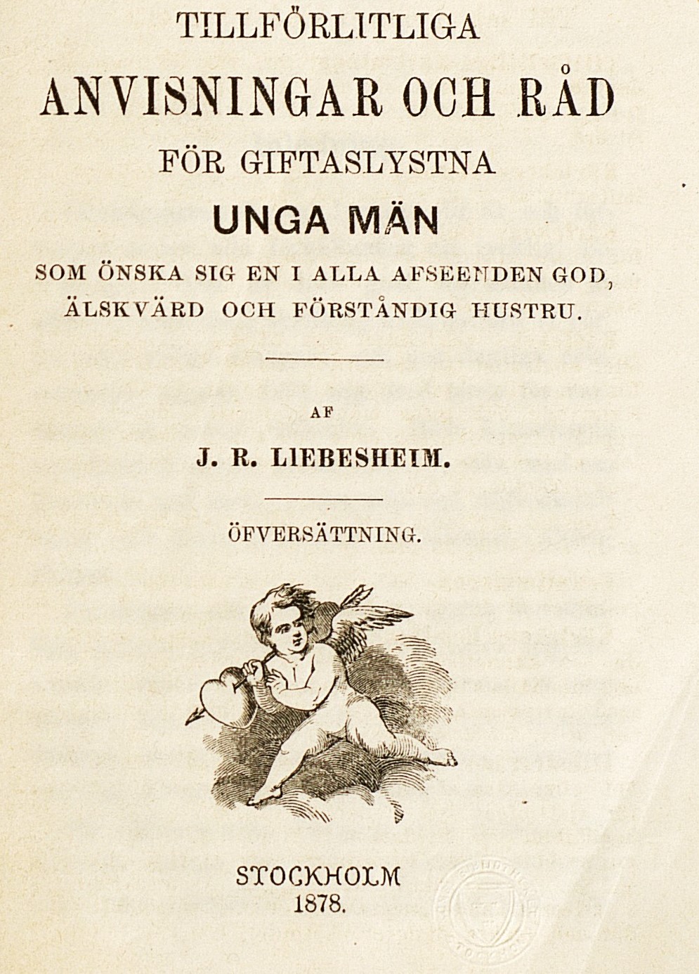 Vitt broschyromslag med tryckt svart text och en bild av en kerub som försvinner iväg med ett hjärta.