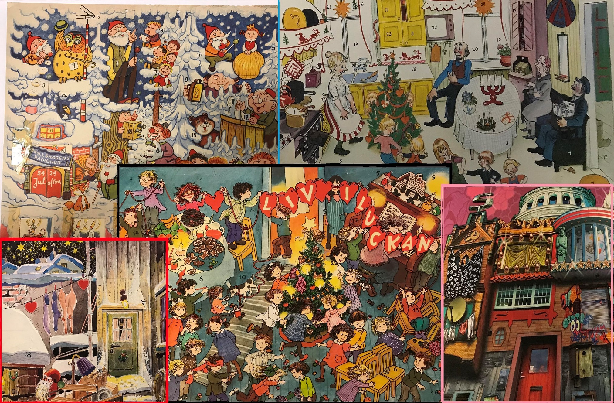 Collage av fem julkalendrar från Sveriges Radio och Tv.