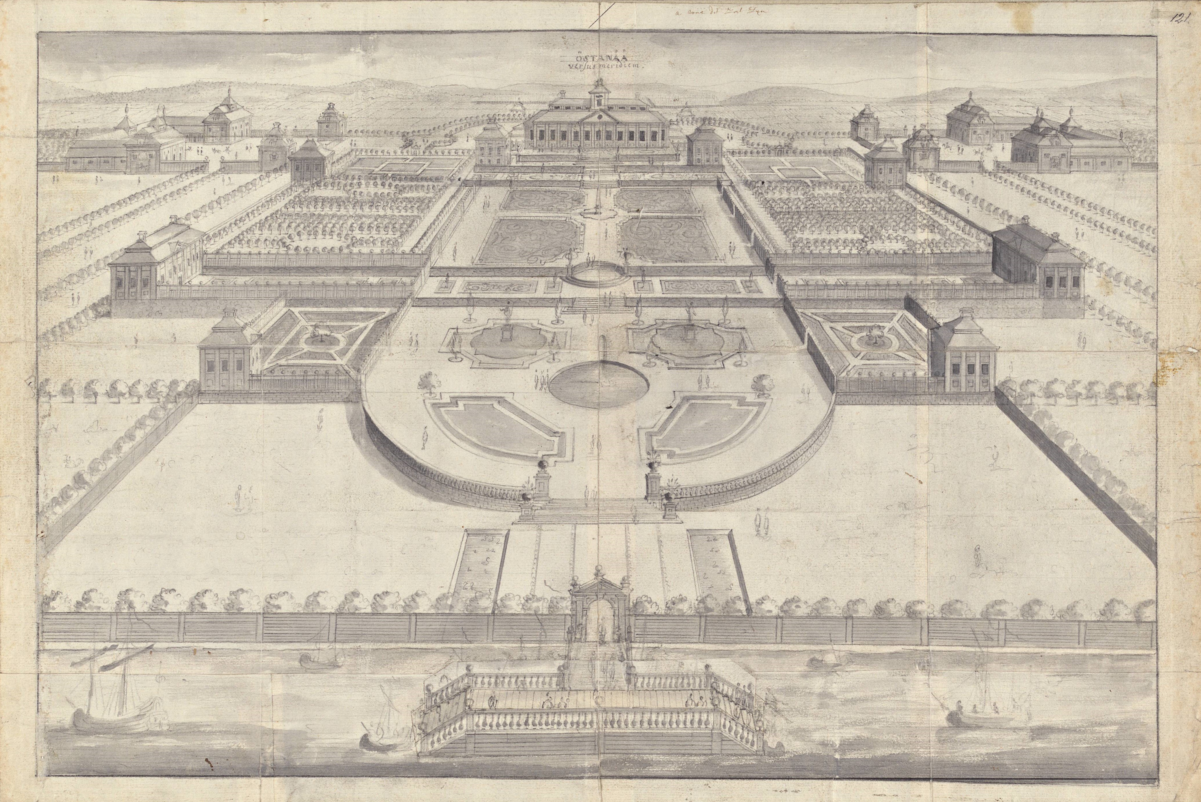 Svartvit teckning av ett slott med en stor parkanläggning, i förgrunden lägger flera båtar till vid en stor brygga.