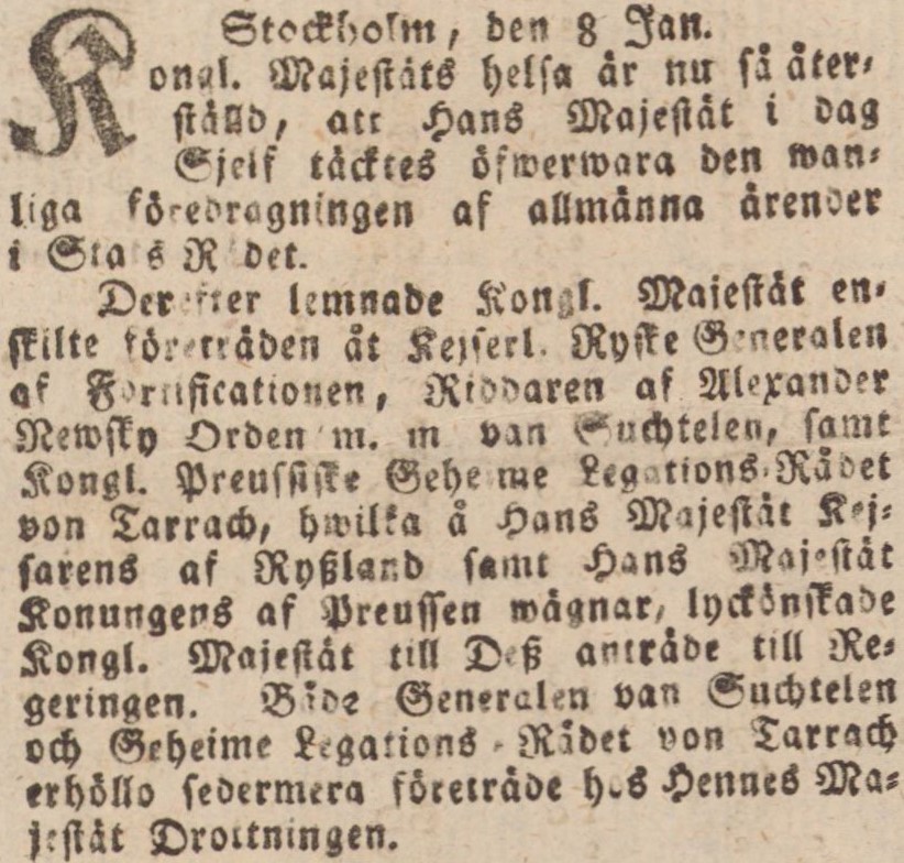 Tidningsklipp med text i frakturstil. Text: Stockholm, den 8 jan.