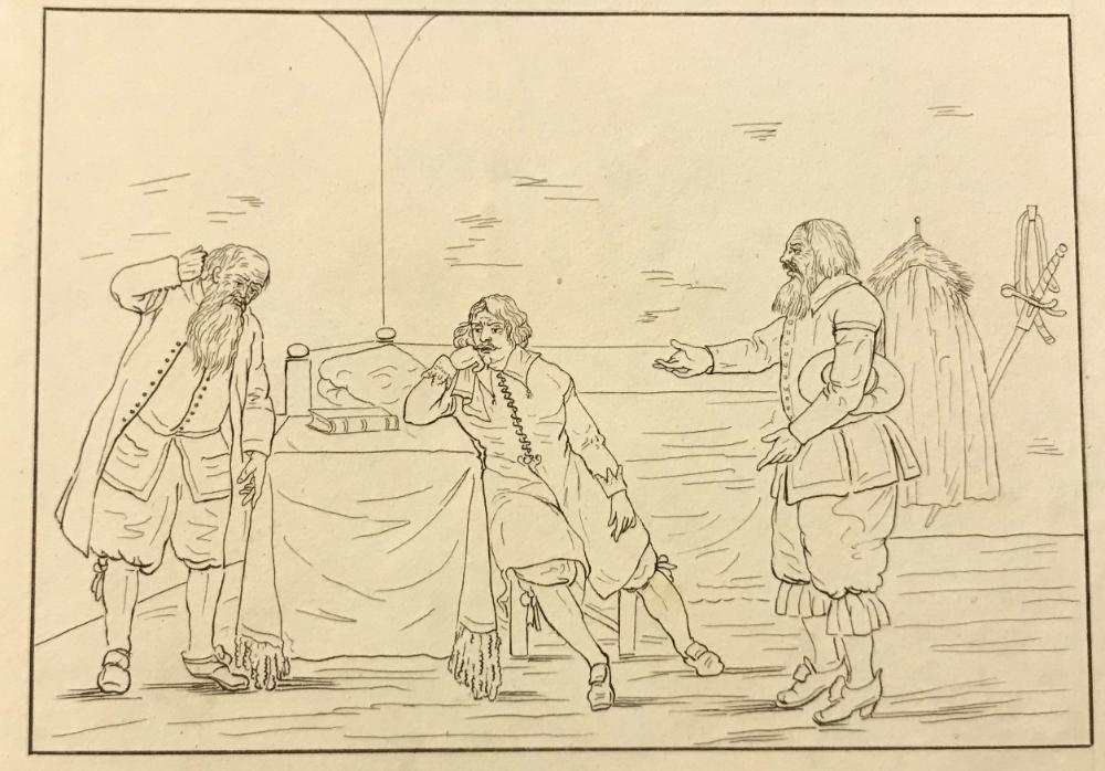 Teckning av Gustav Vasa som sitter vid ett bord omgiven av två män med långa skägg, som berättar något för honom.