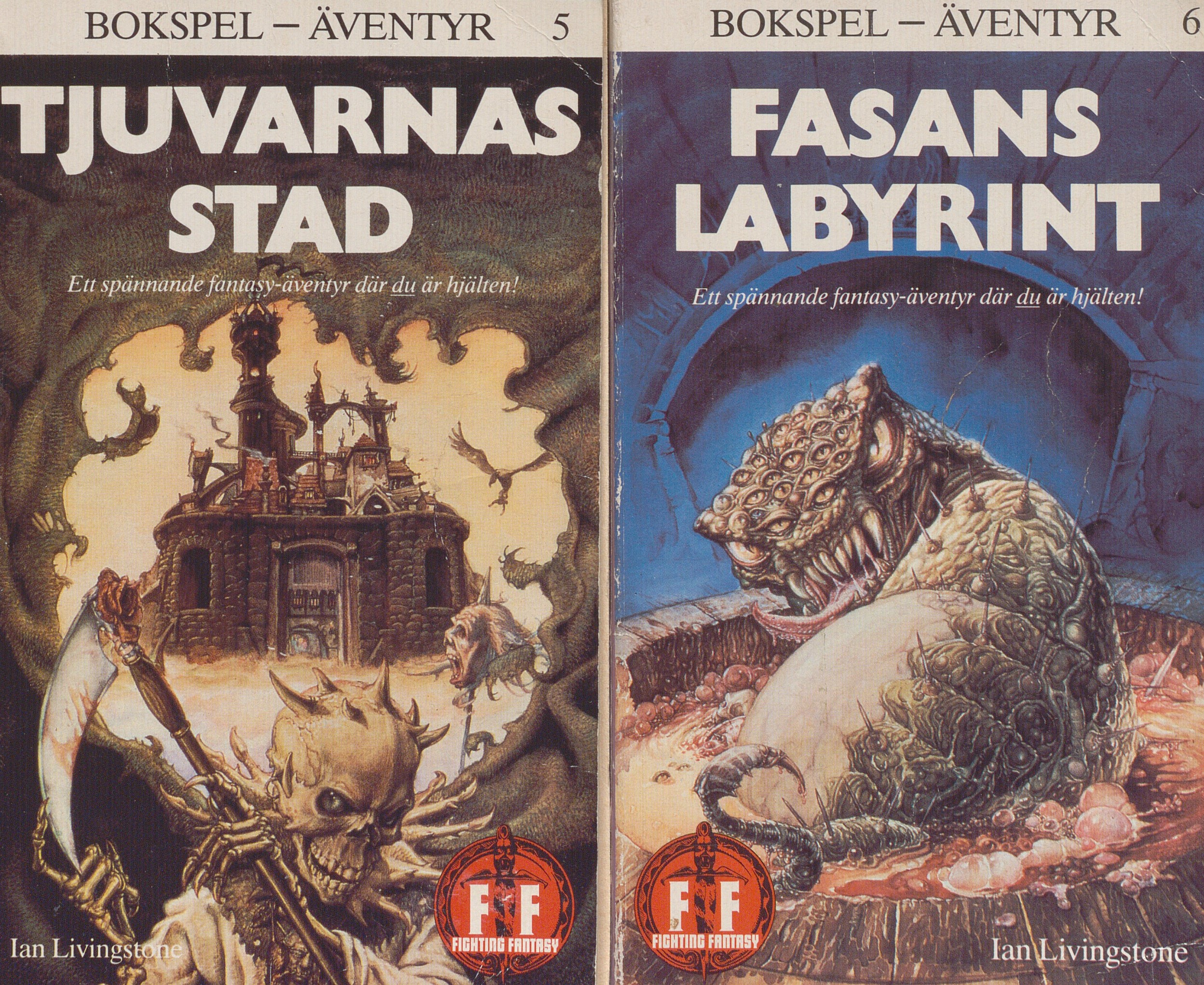 Vänster omslag visar ett leende skelett med lie framför tjuvarnas stad. Höger ett grönt monster med många ögon och giftgadd i tunna med bubblande innehåll.