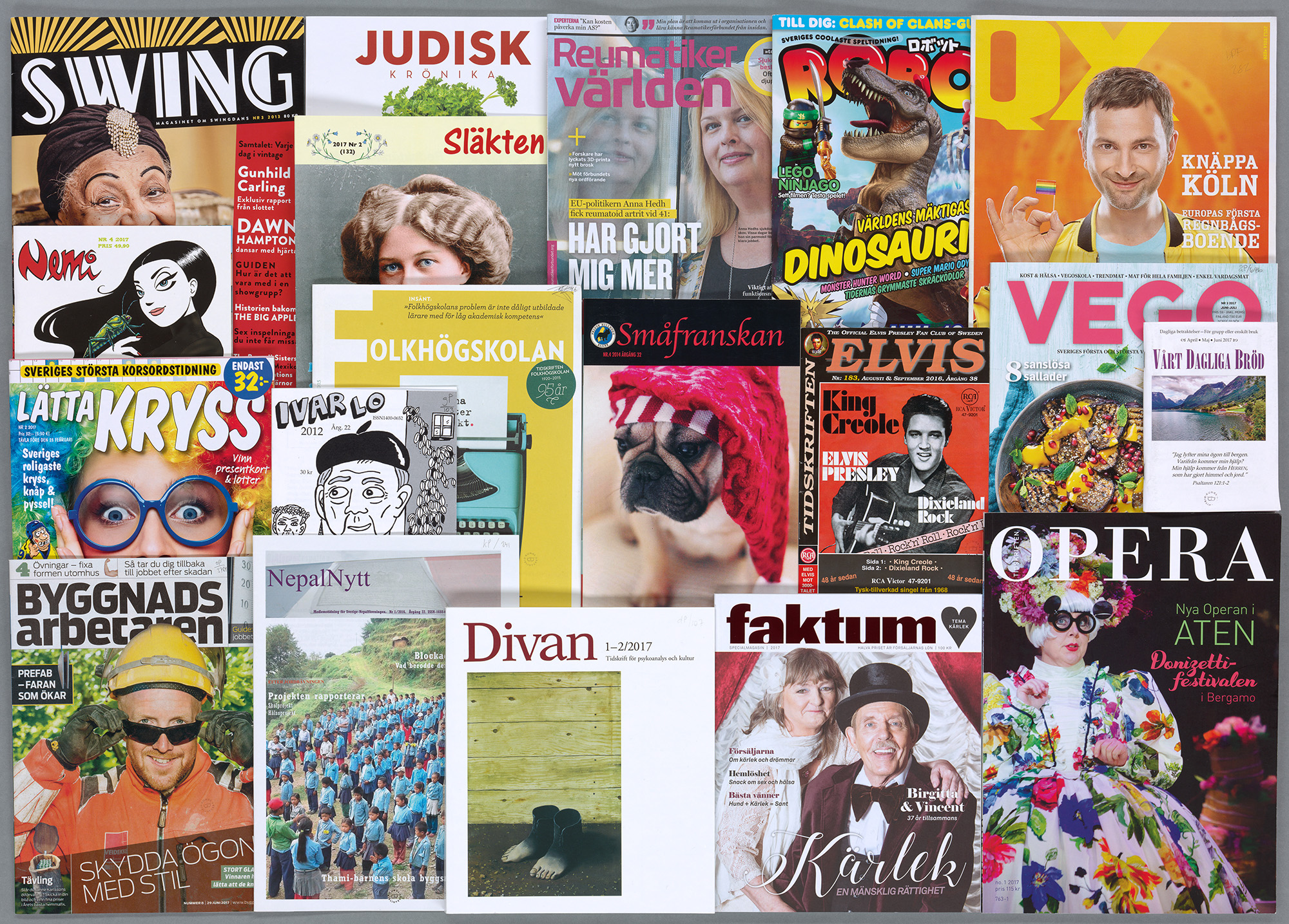 A collage of colourful magazines.