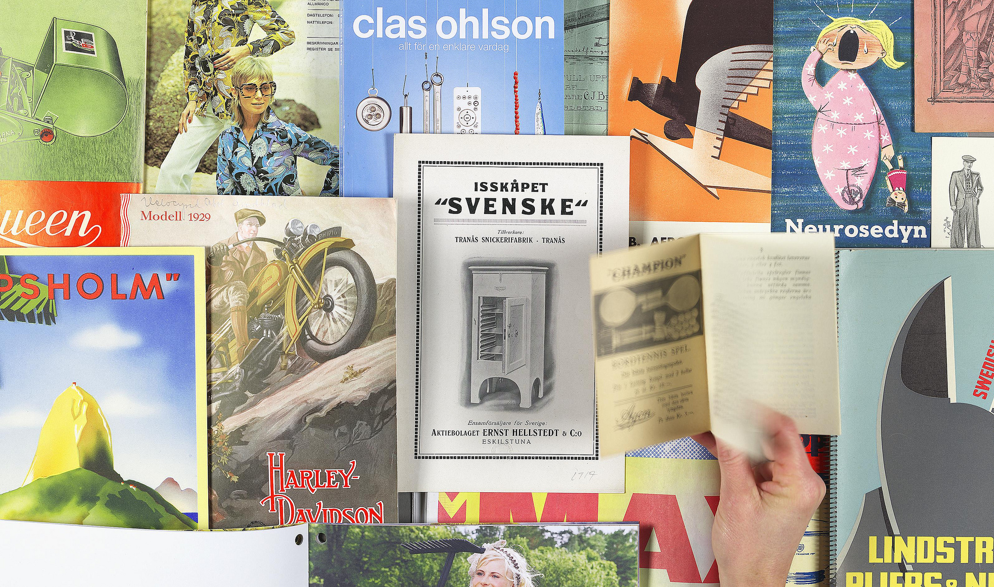 A collage of advertisements and magazines.