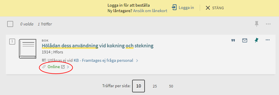 En katalogpost med länk till ett redan digitaliserat verk i KB:s katalog Regina.