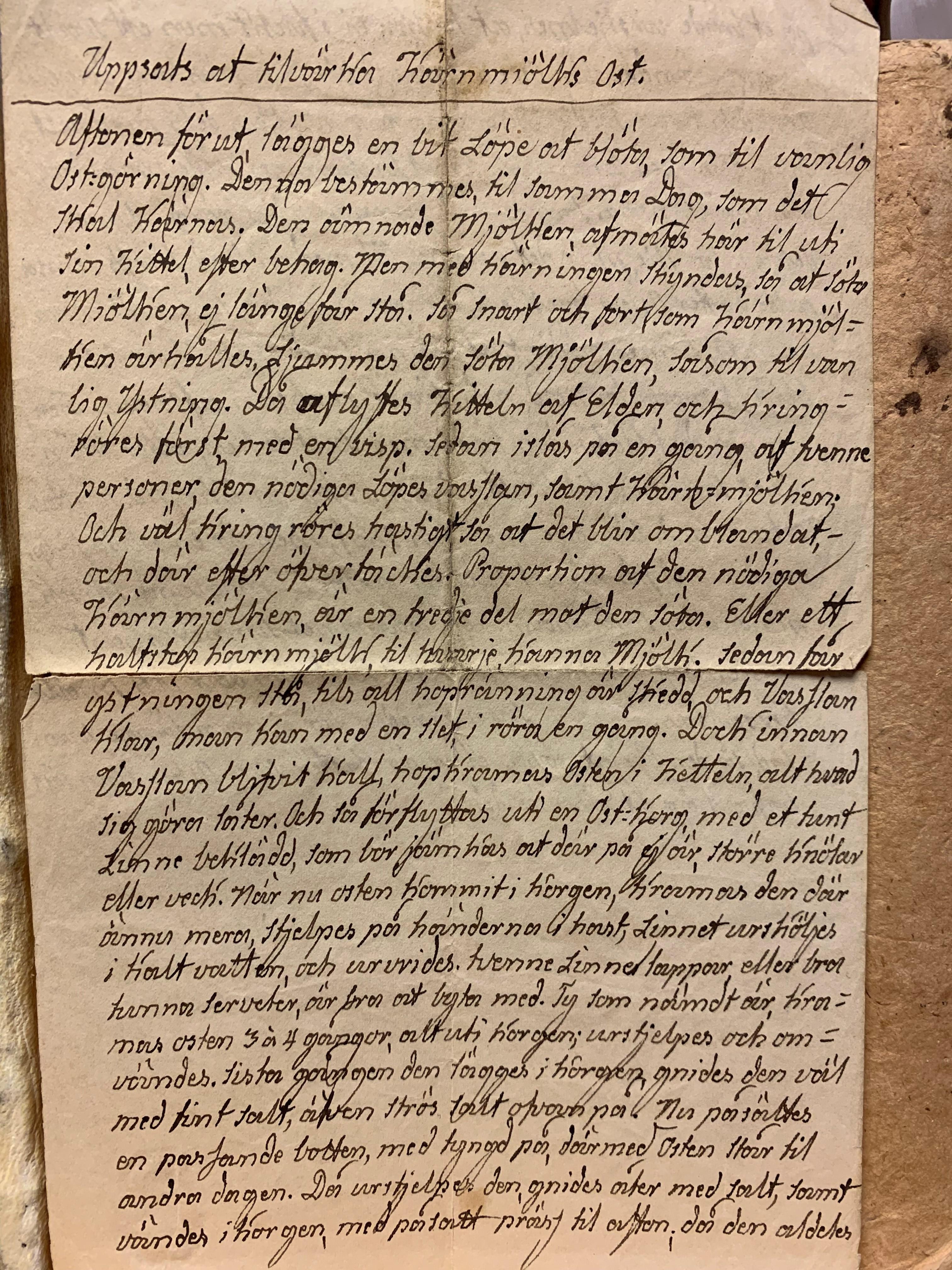 Handskrivet recept på kjärnmjölksost från 1800-talets början.