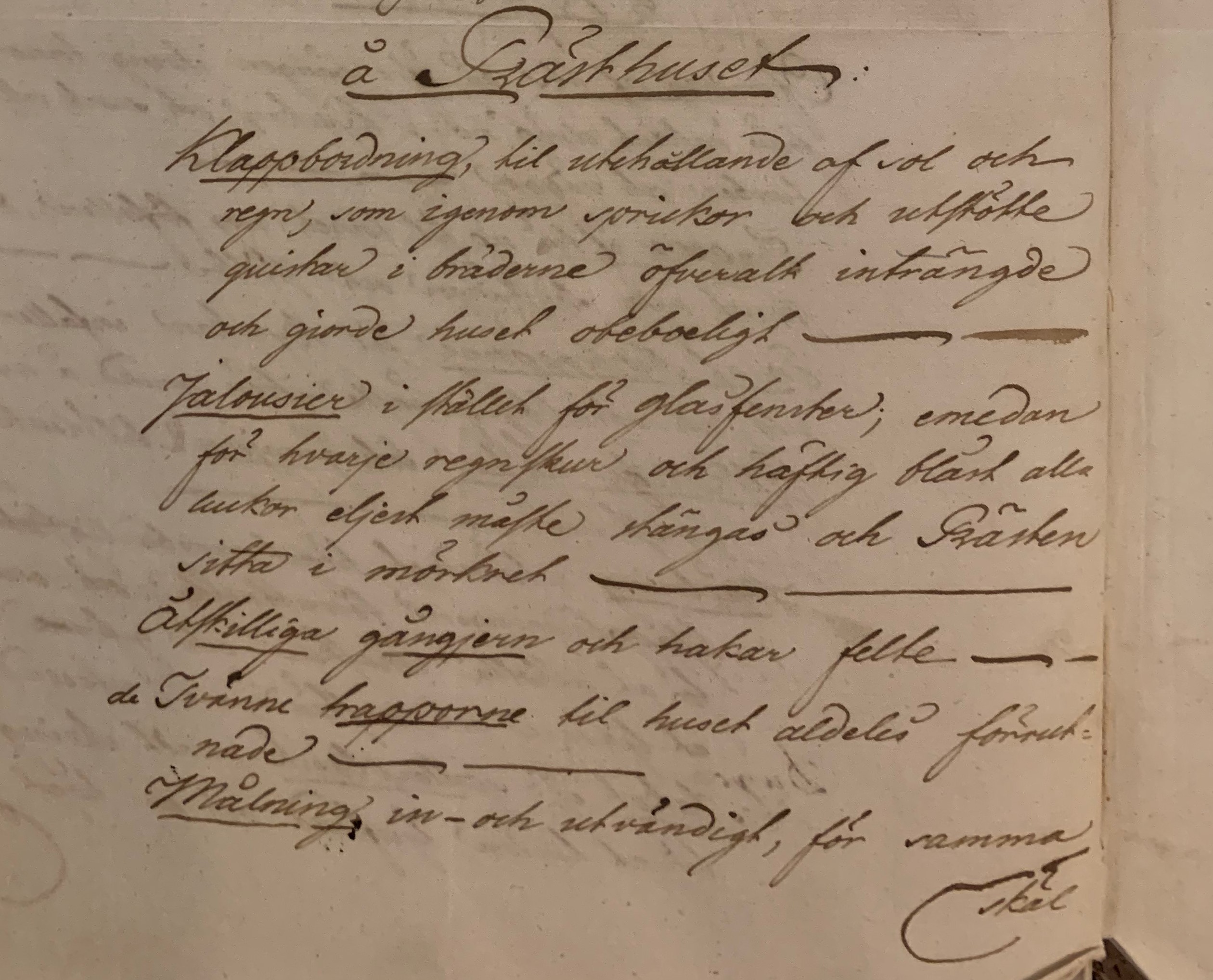 Handskriven lista över reparationer på prästgården på Saint-Barthélemy.