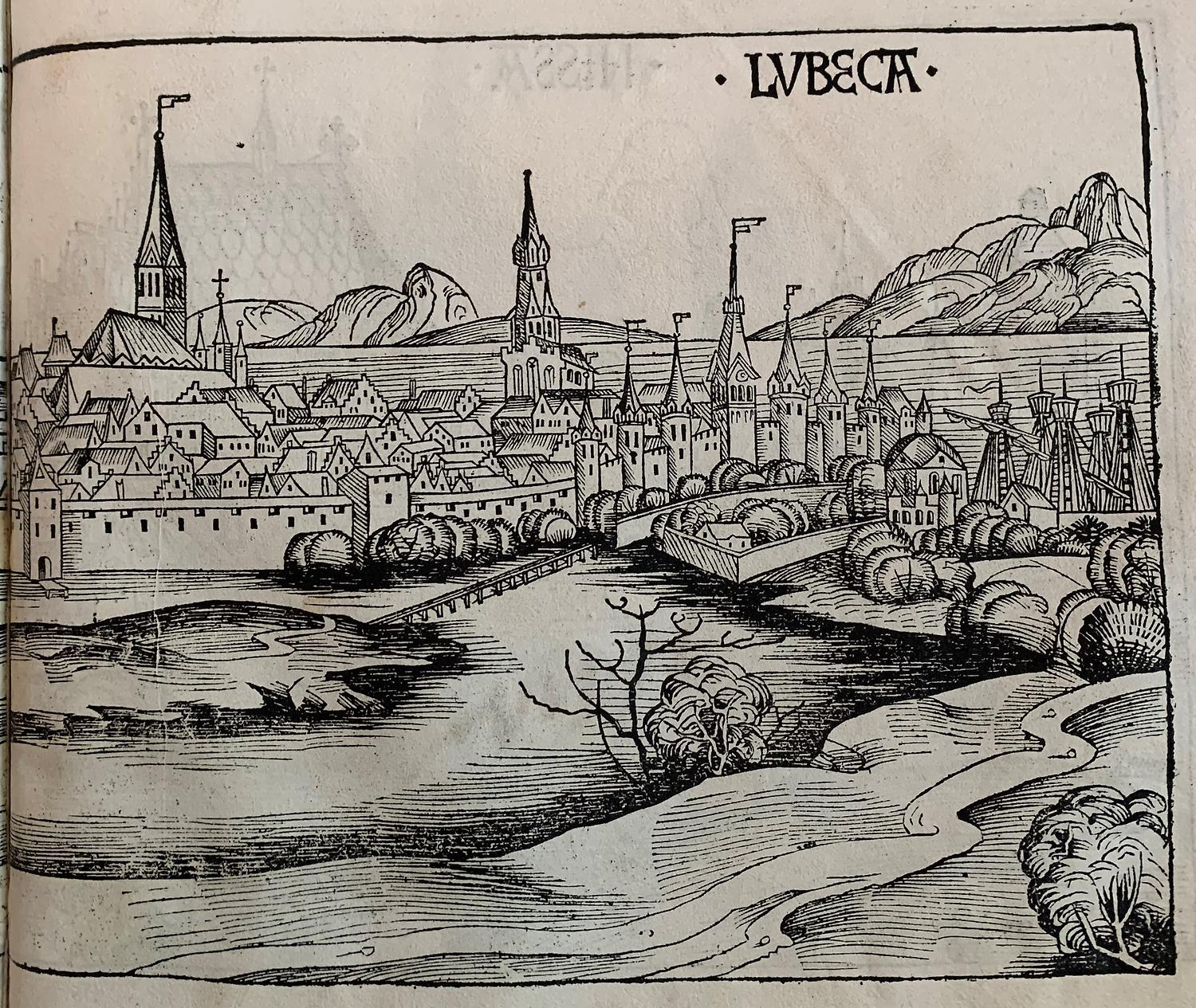 Svart och vit träsnittsbild föreställande staden Lübeck.