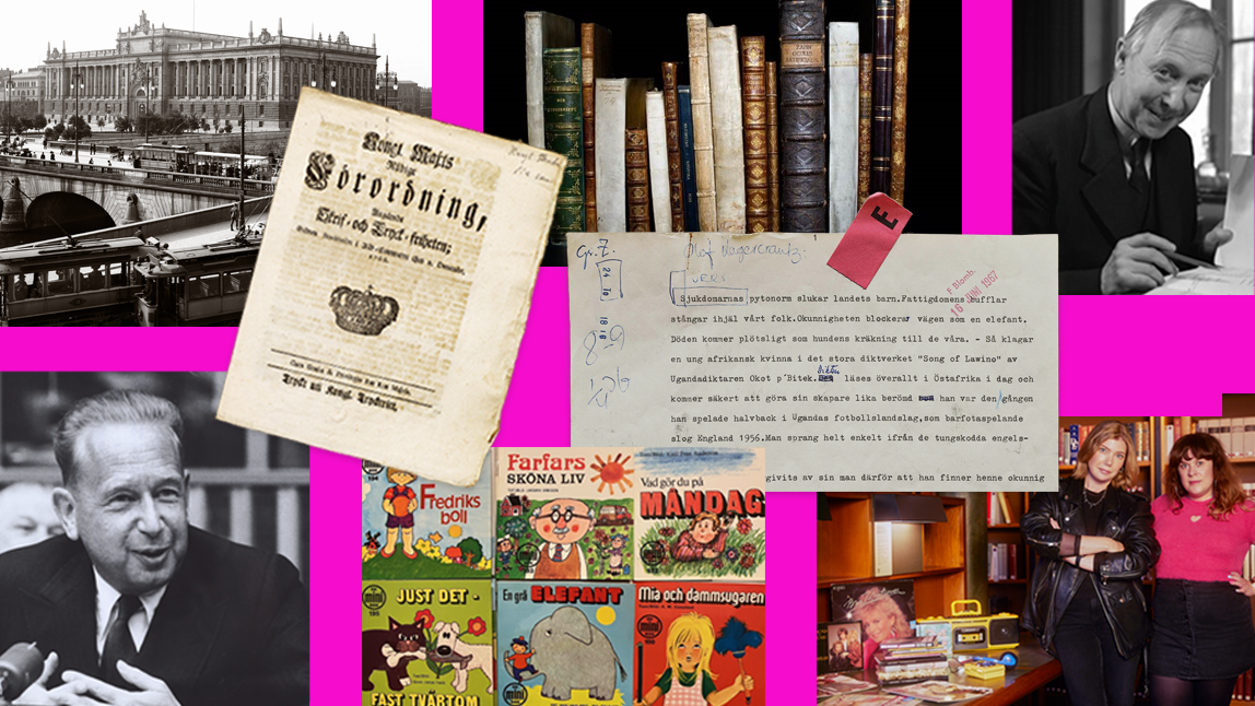 Ett kollage av olika bilder. Bland annat syns ett maskinskrivet manuskript, en hylla med böcker och ett fotografi av Dag Hammarskjöld.