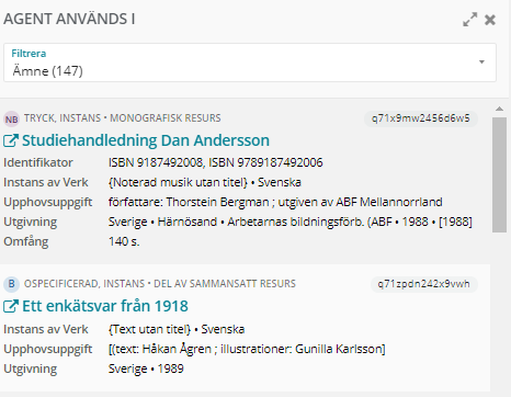 Bilden visar hur filtrering på relation och typ syns i sidpanelen för "Används i".