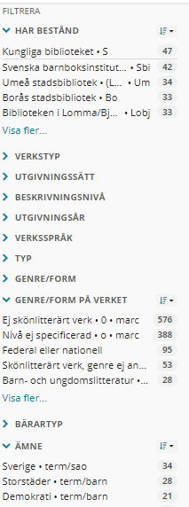 Filtrering vid sökning i Libris katalogiseringsverktyg har utökats till ämnesord och genre/form på verk.