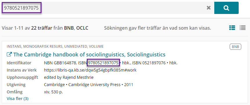 Skärmdump som visar ISBN-sökning i andra källor.