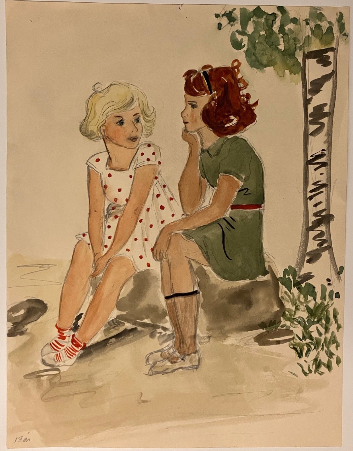 Färgteckning med två unga och finklädda kvinnor som sitter bredvid varandra på en sten.