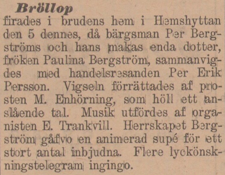 Gulnat tidningsklipp med rubriken Bröllop