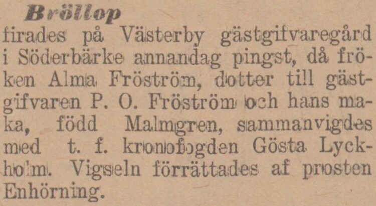 Gulnat tidningsklipp med rubriken Bröllop