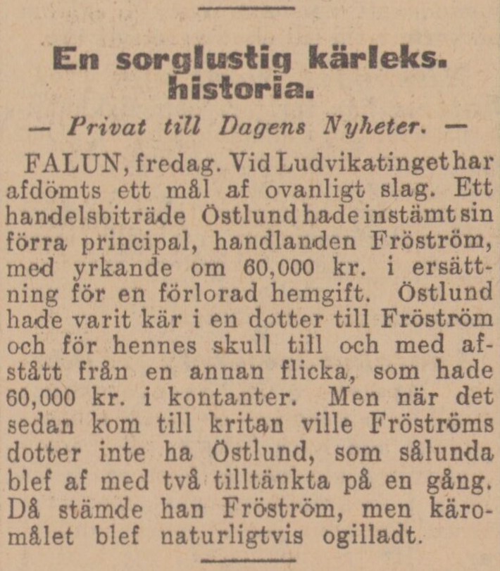 Gulnat tidningsklipp med rubriken En sorglustig kärlekshistoria