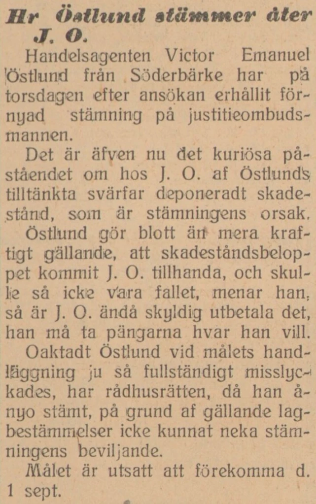 Gulnat tidningsklipp med rubriken "Hr Östlund stämmer åter J.O."