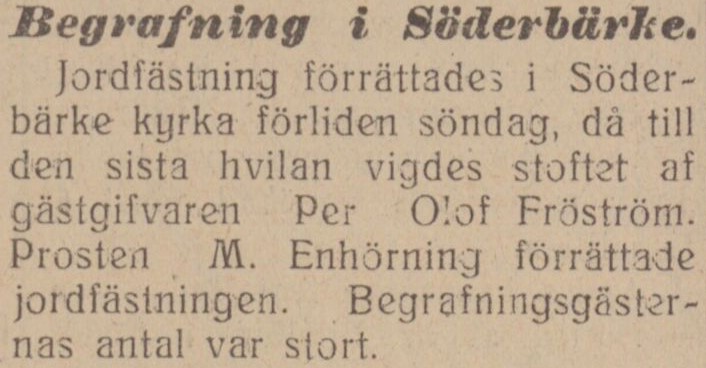 Gulnat tidningsklipp med rubriken "Begrafning i Söderbärke".