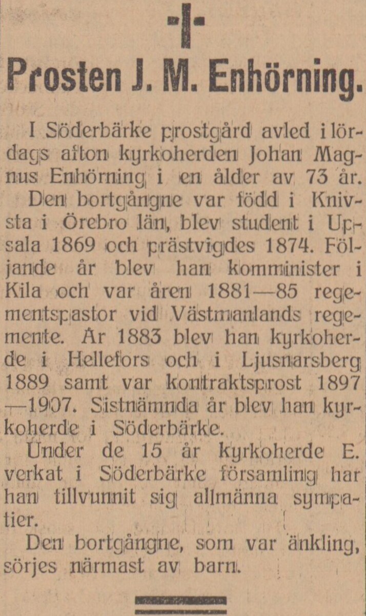 Gulnat tidningsklipp med dödruna för prosten J. M. Enhörning.