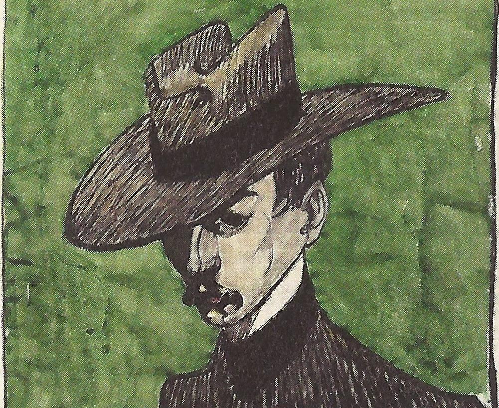 En akvarellmålning med självporträtt som föreställer Axel Törneman i hatt med en grön bakgrund