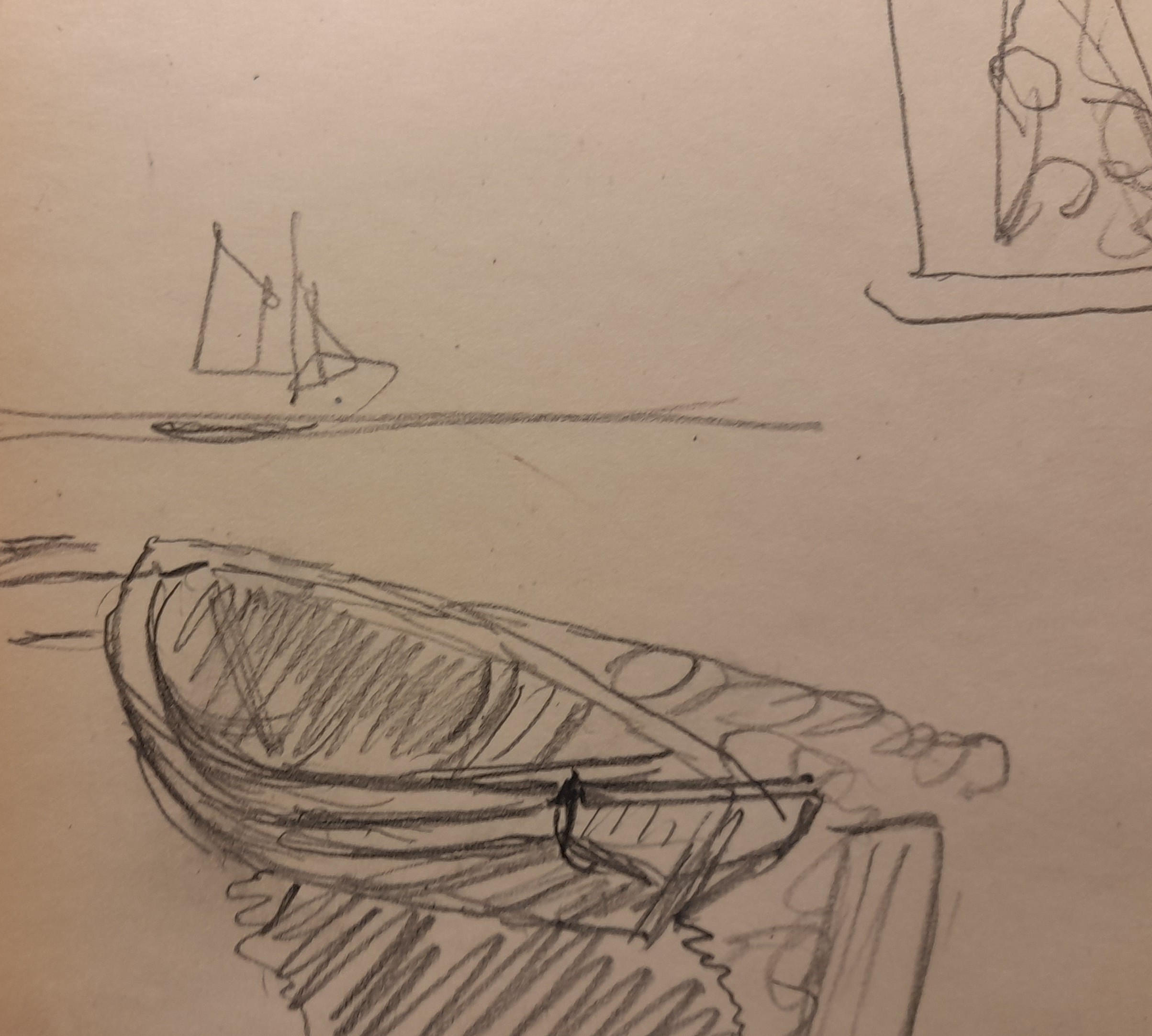 Teckning av en tom roddbåt, i bakgrunden syns en segelbåt