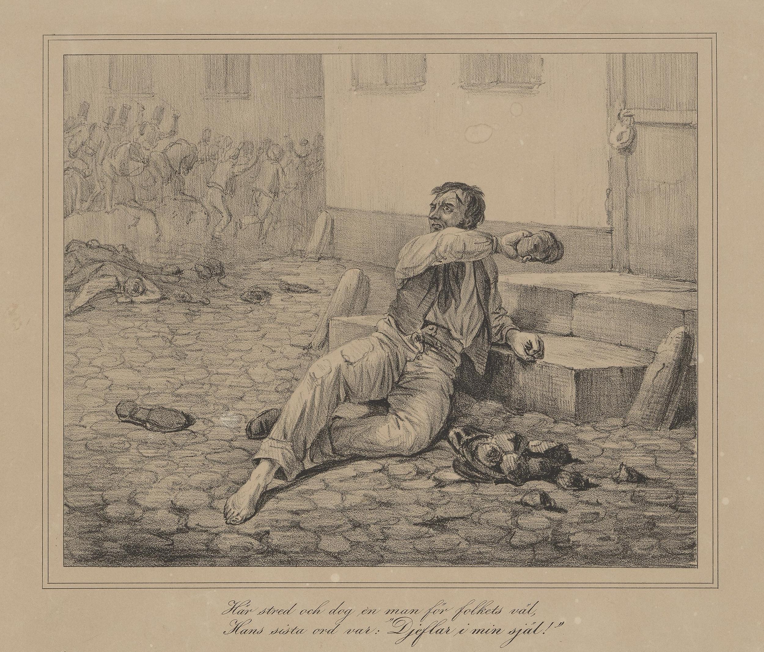 Gulnad illustration i svart-vitt med man som ligger på gatsten med ena armen stödd mot en entrétrappa. Han har tappat den ena skon. I bakgrunden syns en folkhop.
